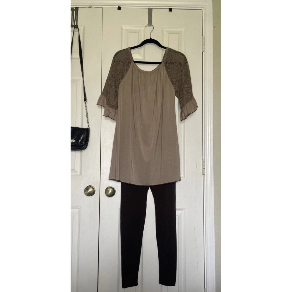 Size L/XL Brown/Taupe Leggings & Lace Off The Shoulder Tunic Fall Outfit Set